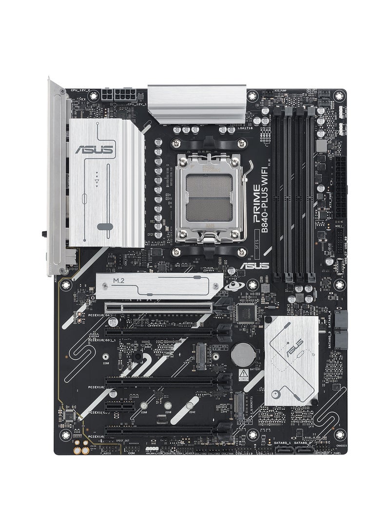 ASUS Prime B840-PLUS Wi-Fi ATX Motherboard, AMD B840 Chipset, AM5 Socket, 4 x DDR5 DIMM Slots (Up to 192GB), 4 x M.2 Slots, 2 x PCIe 4.0 x16, 2.5Gb Ethernet, Wi-Fi 6E, Bluetooth 5.3, 1 x HDMI, 1 x DisplayPort, USB 10Gbps Type-C, EZ PC DIY, Pre-Mounted I/O Shield, Aura Sync RGB | 90MB1IZ0-M0EAY0 Black - Image 1