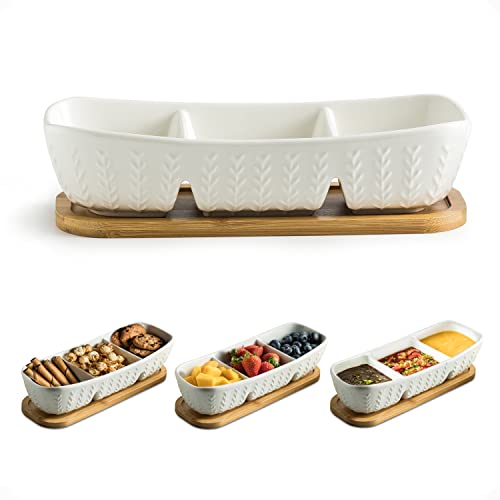 Miamolo 3 Compartment Condiment Tray, Chip and Dip Bowl with Wooden Serving Tray, Perfect for Snacks, Appetizers, Charcuterie, Chips, Candy, 10-inch Chip and Dip Serving Set for Parties - Image 1