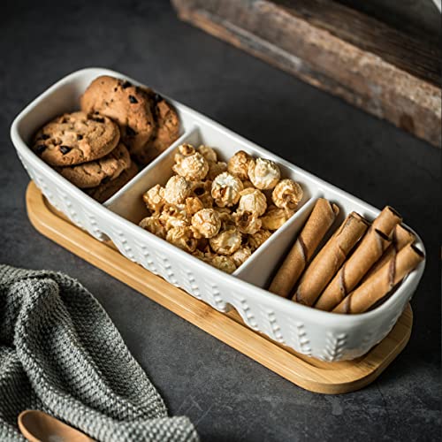 Miamolo 3 Compartment Condiment Tray, Chip and Dip Bowl with Wooden Serving Tray, Perfect for Snacks, Appetizers, Charcuterie, Chips, Candy, 10-inch Chip and Dip Serving Set for Parties - Image 5