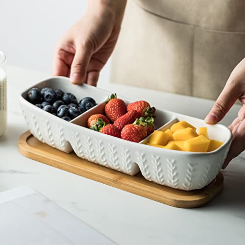 Miamolo 3 Compartment Condiment Tray, Chip and Dip Bowl with Wooden Serving Tray, Perfect for Snacks, Appetizers, Charcuterie, Chips, Candy, 10-inch Chip and Dip Serving Set for Parties - Image 3