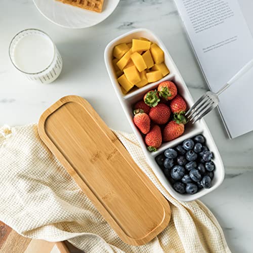 Miamolo 3 Compartment Condiment Tray, Chip and Dip Bowl with Wooden Serving Tray, Perfect for Snacks, Appetizers, Charcuterie, Chips, Candy, 10-inch Chip and Dip Serving Set for Parties - Image 4