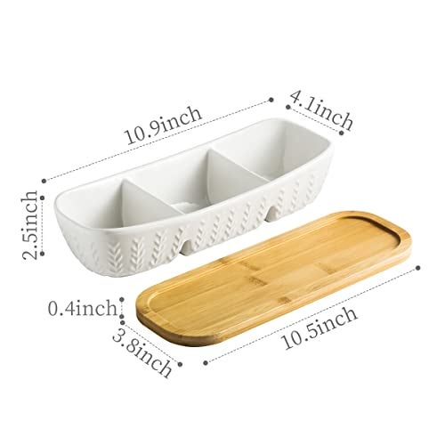 Miamolo 3 Compartment Condiment Tray, Chip and Dip Bowl with Wooden Serving Tray, Perfect for Snacks, Appetizers, Charcuterie, Chips, Candy, 10-inch Chip and Dip Serving Set for Parties - Image 2
