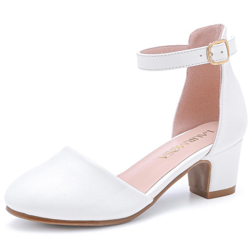 LAURMOSA Girls White Dress Shoes Heels for Girls Princess Flower Girl for Wedding Easter Church First Communion Closed Toe Ankle Strap Pumps Shoes for Little Big Kids(L1012White 3) - Image 1