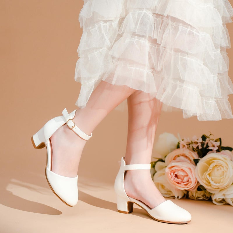 LAURMOSA Girls White Dress Shoes Heels for Girls Princess Flower Girl for Wedding Easter Church First Communion Closed Toe Ankle Strap Pumps Shoes for Little Big Kids(L1012White 3) - Image 2
