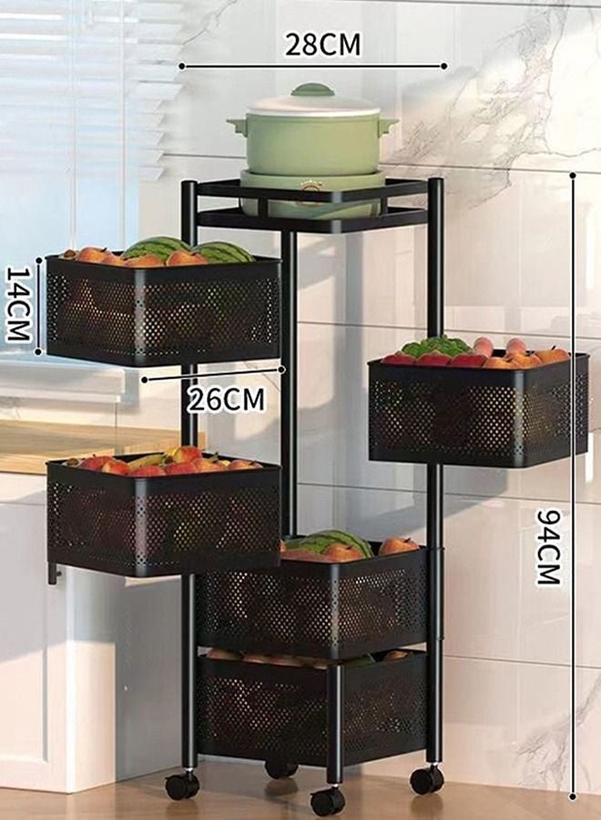 رف تخزين دوار بخمس طبقات، رف تخزين مربع من الفولاذ الكربوني، سلة تخزين مطبخ دوارة 360 درجة مع 4 عجلات عالمية لتنظيم وتخزين الفواكه والخضروات والوجبات الخفيفة (Bc-5 tier-S) - Image 2