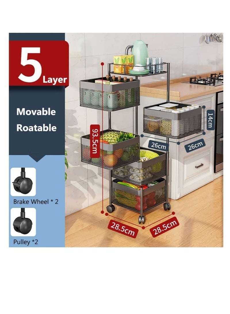 رف تخزين دوار بخمس طبقات، رف تخزين مربع من الفولاذ الكربوني، سلة تخزين مطبخ دوارة 360 درجة مع 4 عجلات عالمية لتنظيم وتخزين الفواكه والخضروات والوجبات الخفيفة (Bc-5 tier-S) - Image 3