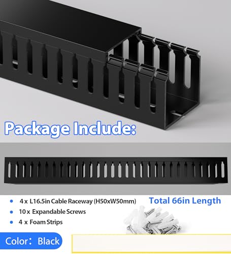 ZhiYo 66in(4X L16.5in) Professional Server Rack Cable Management Raceway, H2in x W2in Cable Raceway Kit, Electrically Safe PVC Open Slot Wire Raceway for Under Desk/Computer/Network Cords, Black - Image 5