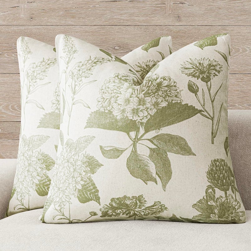 Foindtower Set of 2 Linen Floral Throw Pillow Covers Vintage Accent Print Decorative Cozy Cushion Covers Farmhouse Boho Home Decor for Sofa Chair Couch Bedroom Living Room2020 InchLight Green - Image 2