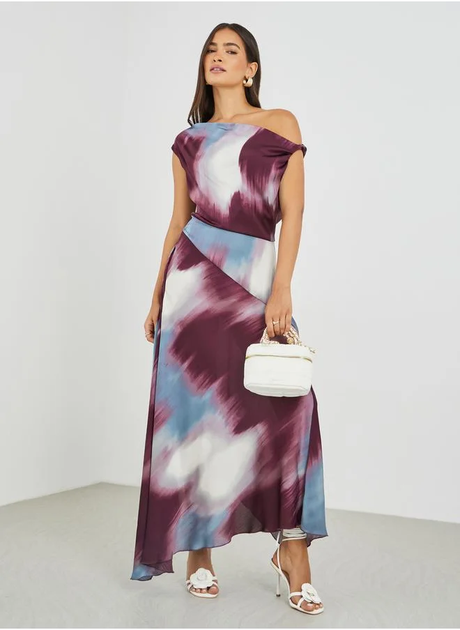ستايلي Styli Abstract Print Draped Asymmetric A-Line Maxi Dress