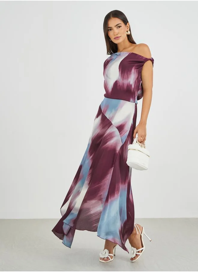 ستايلي Styli Abstract Print Draped Asymmetric A-Line Maxi Dress