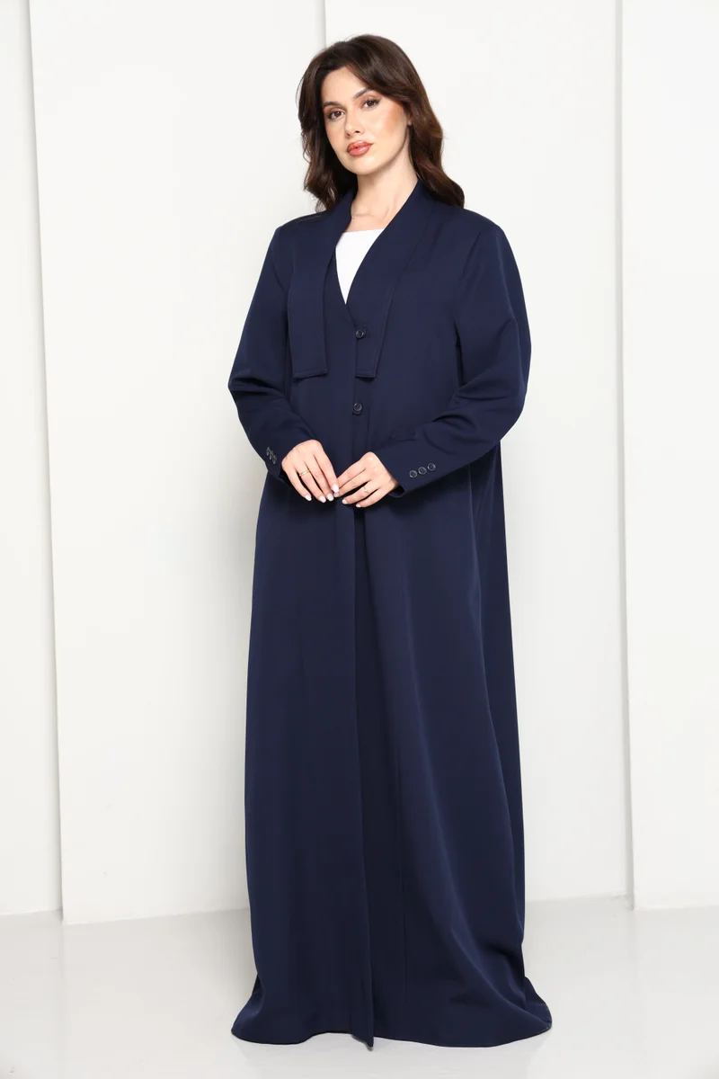 أم سكوير فاشن Modern Navy Blazer-Style Abaya With Head Scarf | Premium PHUA Fabric