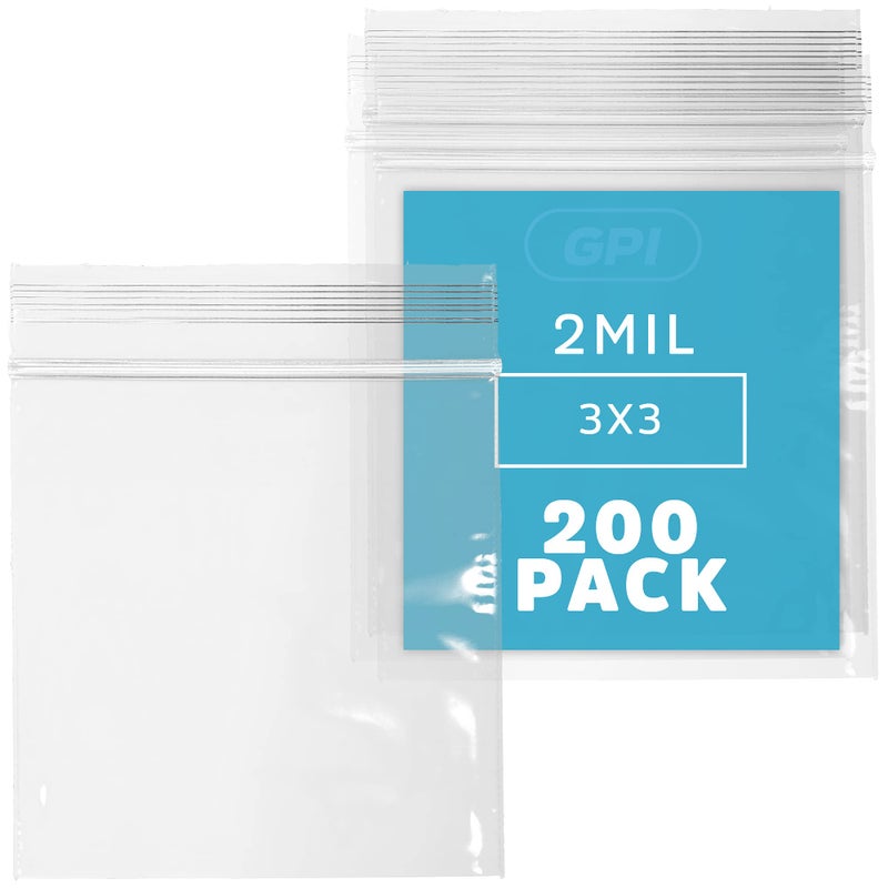 3" x 3" Zip Bags - 200 Count, Small, Clear Plastic Reclosable Zipper Poly Baggies, 2 Mil, with Resealable Zip Top Lock for Packaging Jewelry, Coins, Pills, Candy, Beads, Seeds & More.