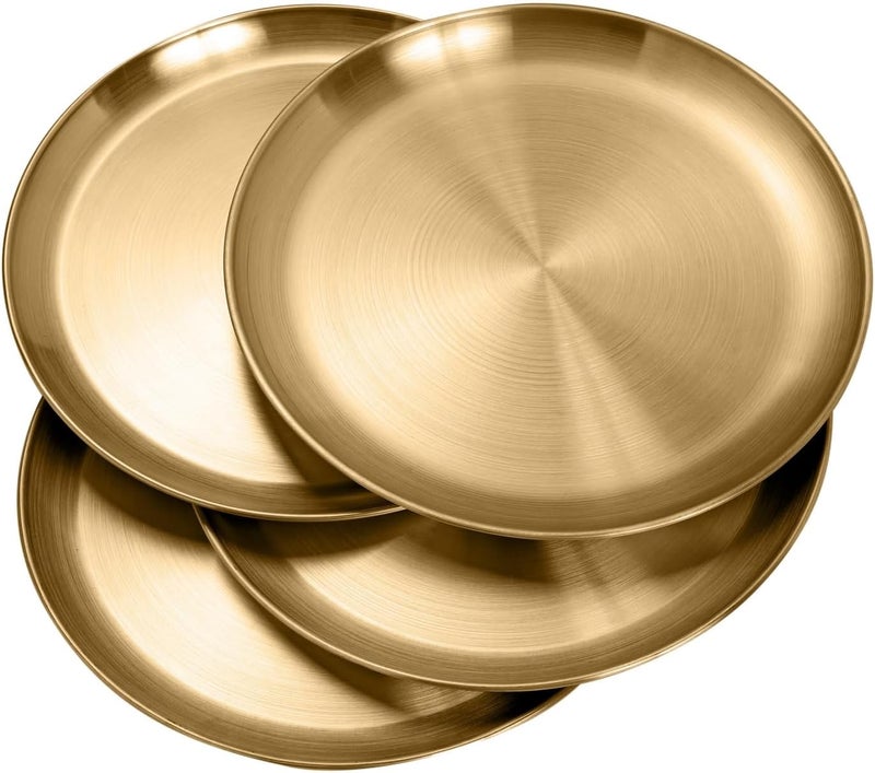 CAMBUY Stainless Steel Plates 304 Metal Gold Dinner Plates Unbreakable Dinner Dishes Plates Set for Barbecue Kitchen Home Camping Outdoor Party 10inch 4Pcs - Image 1