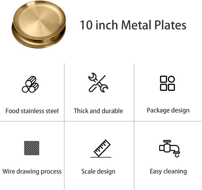 CAMBUY Stainless Steel Plates 304 Metal Gold Dinner Plates Unbreakable Dinner Dishes Plates Set for Barbecue Kitchen Home Camping Outdoor Party 10inch 4Pcs - Image 5