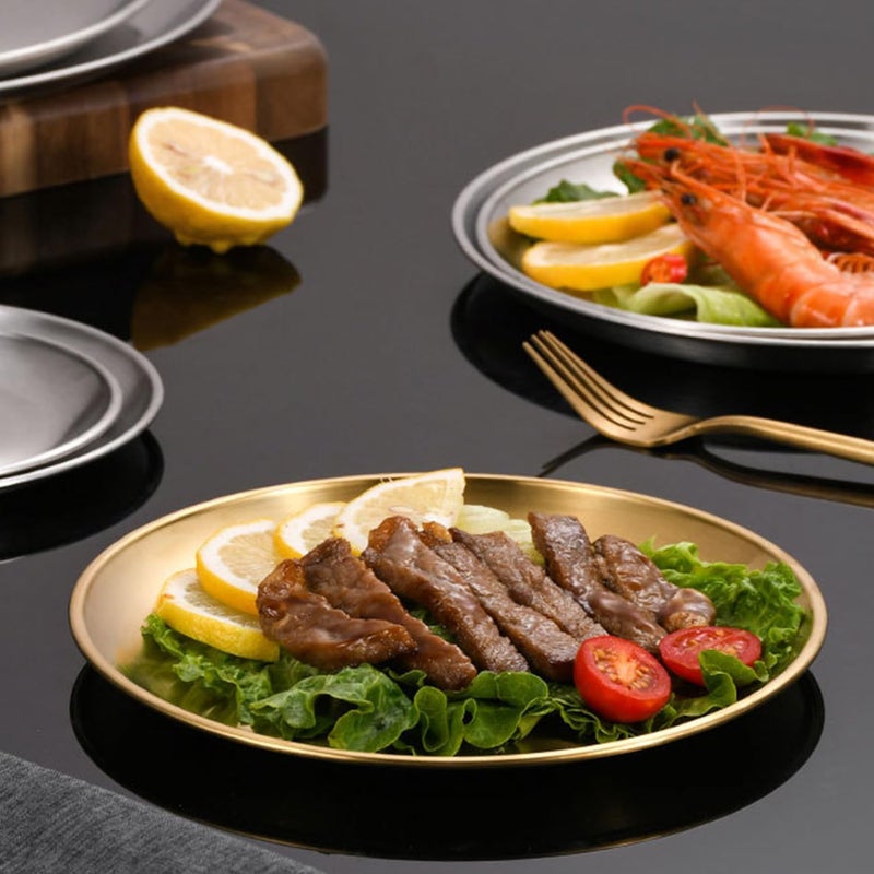 CAMBUY Stainless Steel Plates 304 Metal Gold Dinner Plates Unbreakable Dinner Dishes Plates Set for Barbecue Kitchen Home Camping Outdoor Party 10inch 4Pcs - Image 3