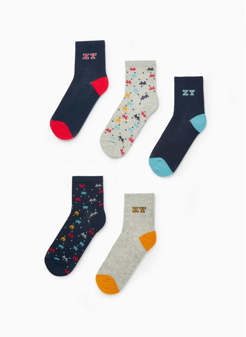 زيبي Pack of 5 Pairs of Socks for Boys 'Gaming', Dark Blue/Grey