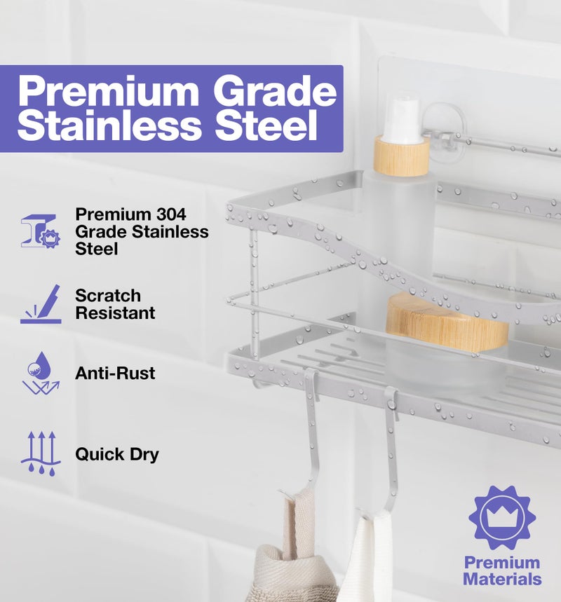 KINCMAX Shower Caddy and Soap Holder, Rustproof SUS304 Stainless Steel, Adhesive Wall Mount Double Baskets 3-pack with Hooks (Polished Silver) - Image 2