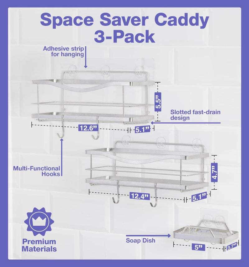 KINCMAX Shower Caddy and Soap Holder, Rustproof SUS304 Stainless Steel, Adhesive Wall Mount Double Baskets 3-pack with Hooks (Polished Silver) - Image 3