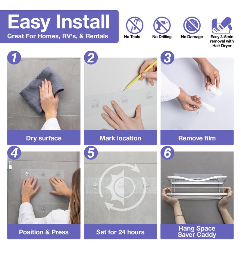 KINCMAX Shower Caddy and Soap Holder, Rustproof SUS304 Stainless Steel, Adhesive Wall Mount Double Baskets 3-pack with Hooks (Polished Silver) - Image 5