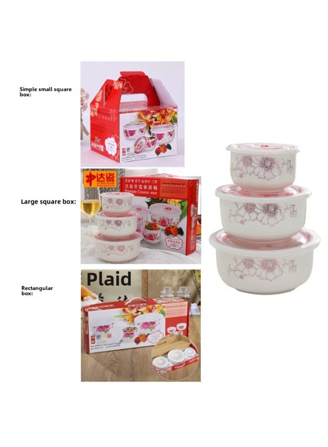 Ceramic Fresh-keeping Bowl Three-piece Sealed Bowl Gift Bowl Set Gift Box Wedding Will Sell Wholesale Printed LOGO-Specifications:Hibiscus Flower-Color:Preservation Bowl Large Single Color Box/48 Sets Of A Box - Image 1