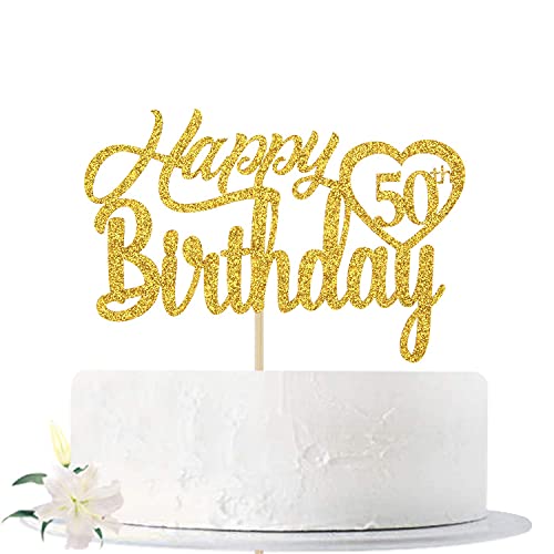 Festiko®Gold Glitter Happy 50th Birthday Cake Topper, Hello 50, Cheers to 50 Years Old, 50 Years Old Party Supplies Decoration - Image 1
