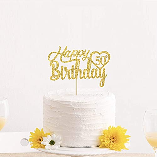 Festiko®Gold Glitter Happy 50th Birthday Cake Topper, Hello 50, Cheers to 50 Years Old, 50 Years Old Party Supplies Decoration - Image 4