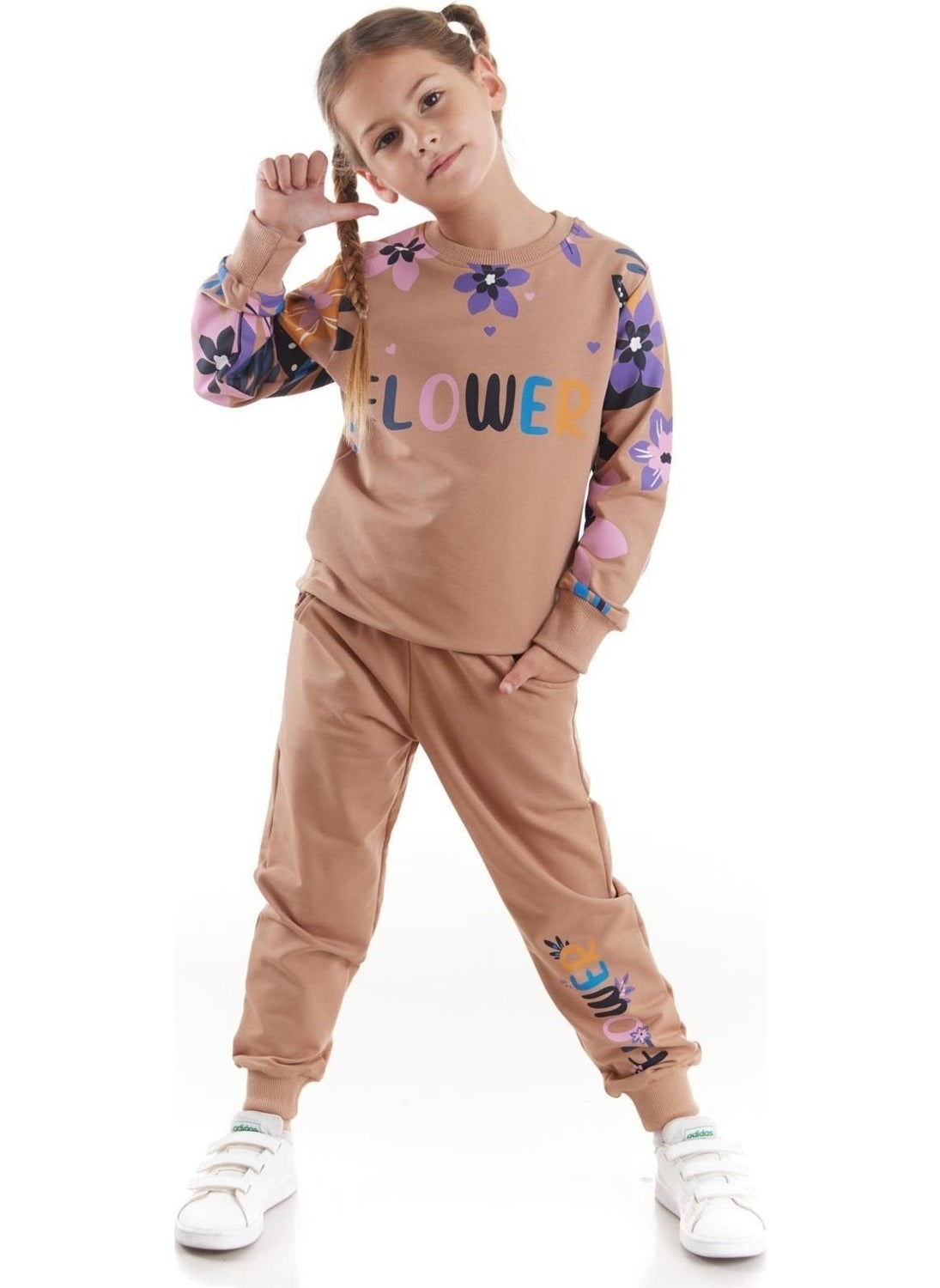 Ahengim - Girls Tracksuit Flower Printed Bottom Top Two Piece Set Cotton Seasonal AK2505 - Image 1