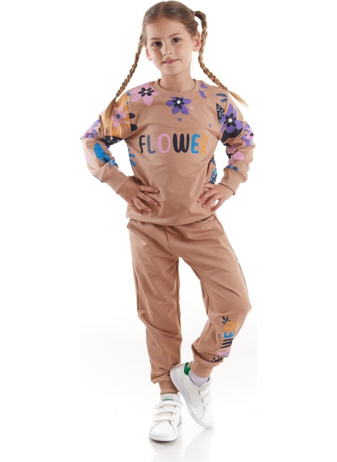 Ahengim - Girls Tracksuit Flower Printed Bottom Top Two Piece Set Cotton Seasonal AK2505 - Image 1