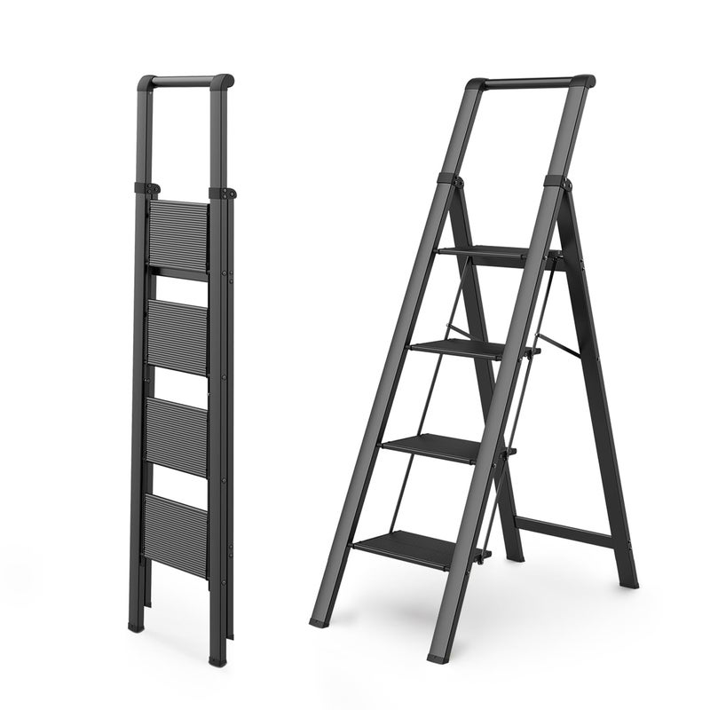 WOA WOA 4 Step Ladder, Ladders for Home, Anti-Slip Aluminum Pedals, Step Stool Foldable, Lightweight to Move, Ease of Storage, Reach 9ft for Closet Kitchen Library, Hold 300lbs - Black - Image 1