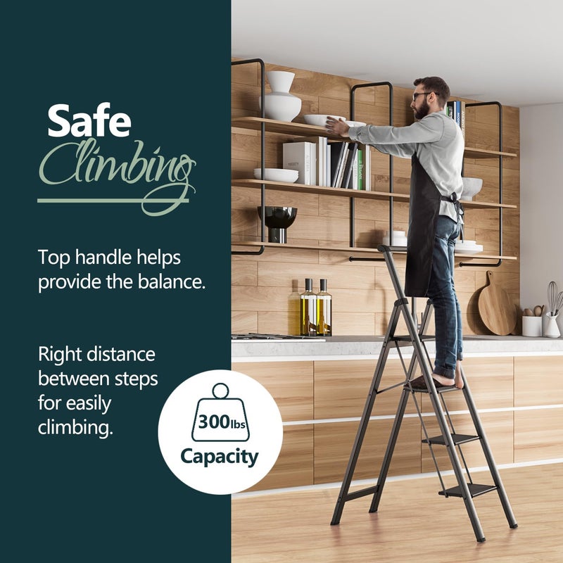 WOA WOA 4 Step Ladder, Ladders for Home, Anti-Slip Aluminum Pedals, Step Stool Foldable, Lightweight to Move, Ease of Storage, Reach 9ft for Closet Kitchen Library, Hold 300lbs - Black - Image 4