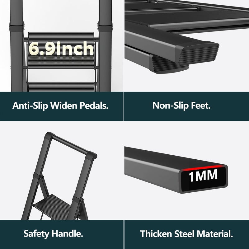 WOA WOA 4 Step Ladder, Ladders for Home, Anti-Slip Aluminum Pedals, Step Stool Foldable, Lightweight to Move, Ease of Storage, Reach 9ft for Closet Kitchen Library, Hold 300lbs - Black - Image 5