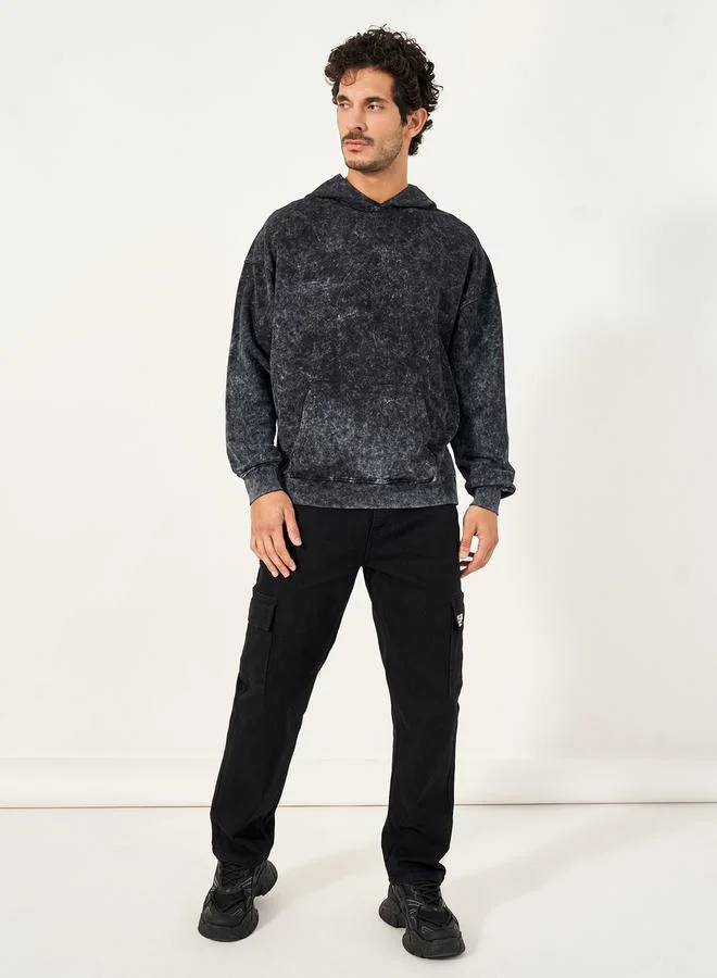 Styli Acid Washed Oversized Hoodie with Rose Embroidery Detail