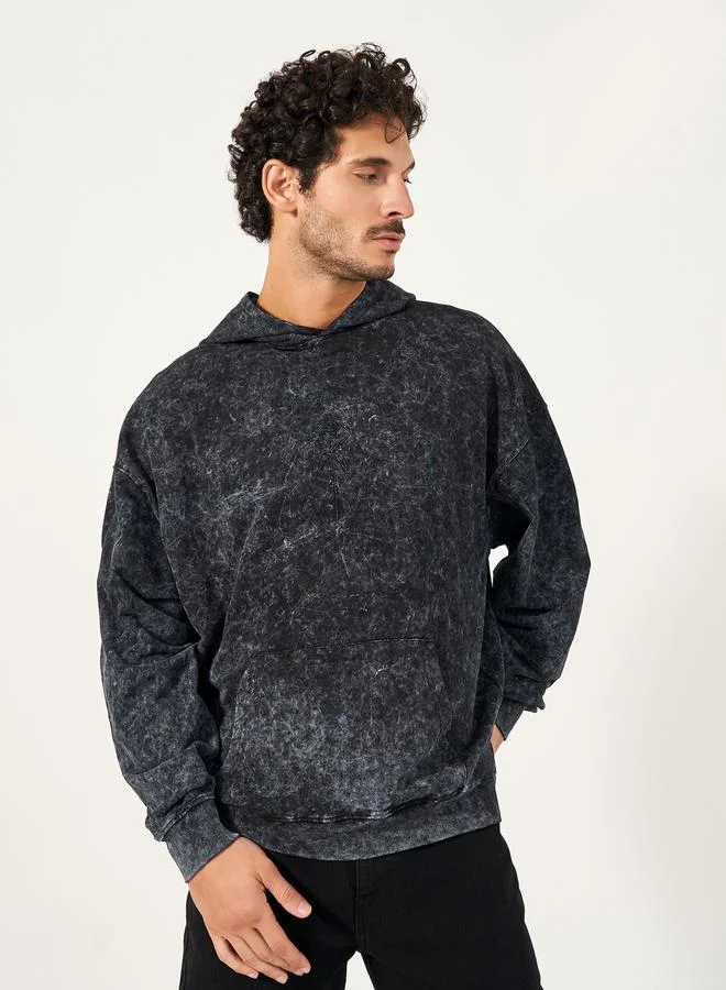 Styli Acid Washed Oversized Hoodie with Rose Embroidery Detail