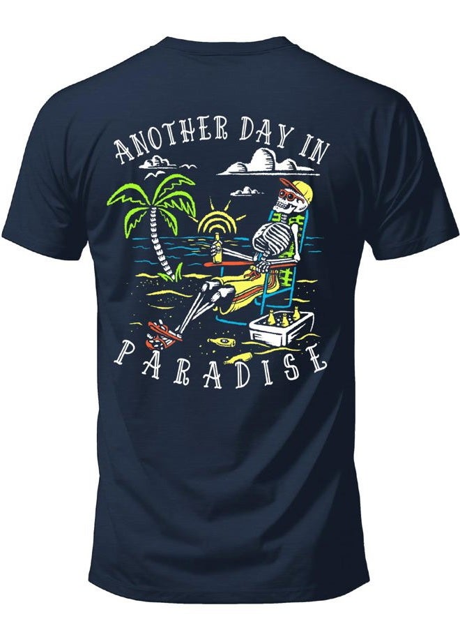 Salty Bones Another Day in Paradise Tropical Beach Graphic T-Shirt, 100% Ringspun Cotton, Classic Fit,Printed in USA, Navy, L - Image 1