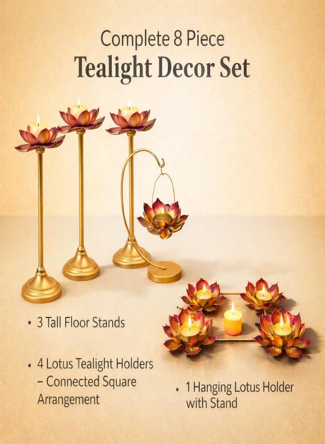 AGAAS ENTERPRISES Metal Lotus Tealight Decor Set of 8 for Diwali, Home & Pooja Room, 3 Floor Stands (12, 10, 8 Inch), 4 Floral Tealight Cups with Frame & 1 Hanging Candle Stand - Image 2