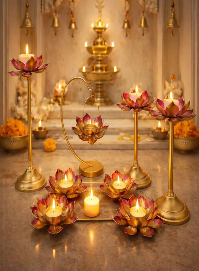 AGAAS ENTERPRISES Metal Lotus Tealight Decor Set of 8 for Diwali, Home & Pooja Room, 3 Floor Stands (12, 10, 8 Inch), 4 Floral Tealight Cups with Frame & 1 Hanging Candle Stand - Image 3