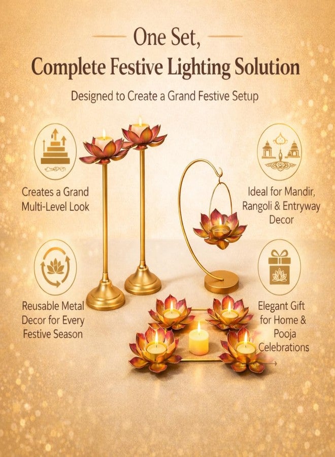 AGAAS ENTERPRISES Metal Lotus Tealight Decor Set of 8 for Diwali, Home & Pooja Room, 3 Floor Stands (12, 10, 8 Inch), 4 Floral Tealight Cups with Frame & 1 Hanging Candle Stand - Image 5