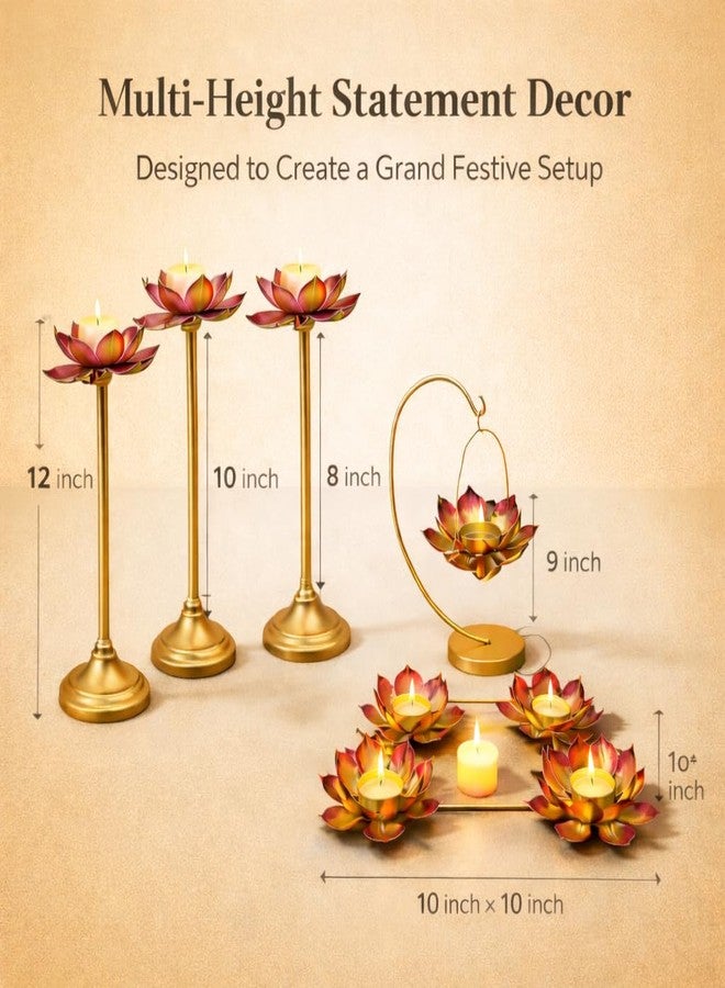 AGAAS ENTERPRISES Metal Lotus Tealight Decor Set of 8 for Diwali, Home & Pooja Room, 3 Floor Stands (12, 10, 8 Inch), 4 Floral Tealight Cups with Frame & 1 Hanging Candle Stand - Image 4