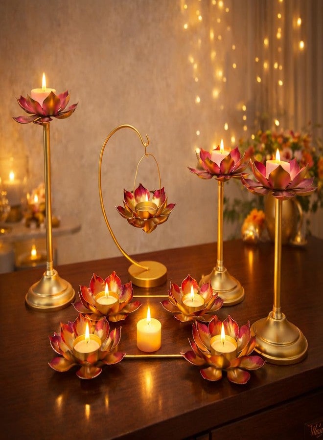 AGAAS ENTERPRISES Metal Lotus Tealight Decor Set of 8 for Diwali, Home & Pooja Room, 3 Floor Stands (12, 10, 8 Inch), 4 Floral Tealight Cups with Frame & 1 Hanging Candle Stand - Image 1
