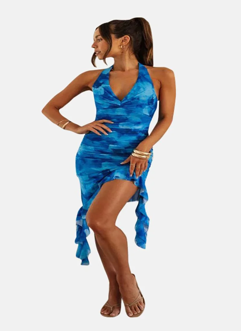 YUNIQEE Blue Printed Halter Neck Sleeveless Ruffled Sheath Dress