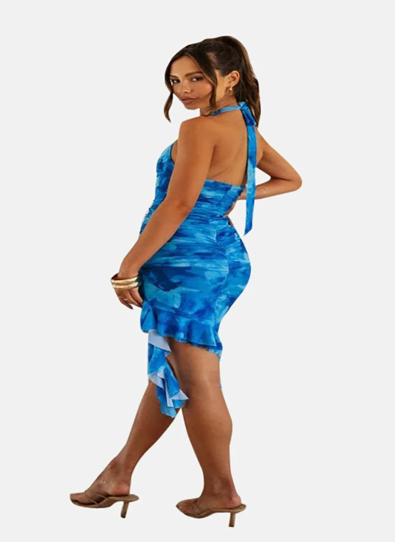 يونيكي Blue Printed Halter Neck Sleeveless Ruffled Sheath Dress
