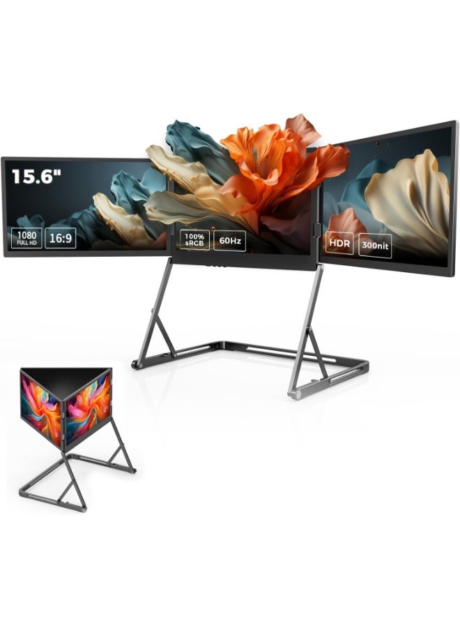 V2COM Quad 15.6" Triple Laptop Monitor Extender – FHD 1080P IPS Portable Screen with HDR, 180° Rotation, Plug & Play via Type-C/HDMI – Compatible with Windows & macOS (M1/M2/M3)