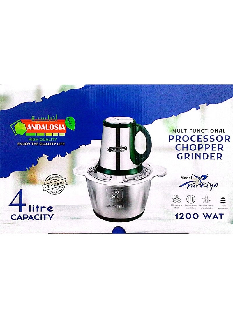 أندلوسيان كبه تركي وقطاعة خضار ولحمة 4 لتر و3  سرعات 1200  وات جودة ممتازة ، 4  ترس ,استيل كامل مقاوم للصدا تقدر تكسر الثلج بسهولة غير قابل للكسر سعة 4  لتر - صناعه تركي - Image 1