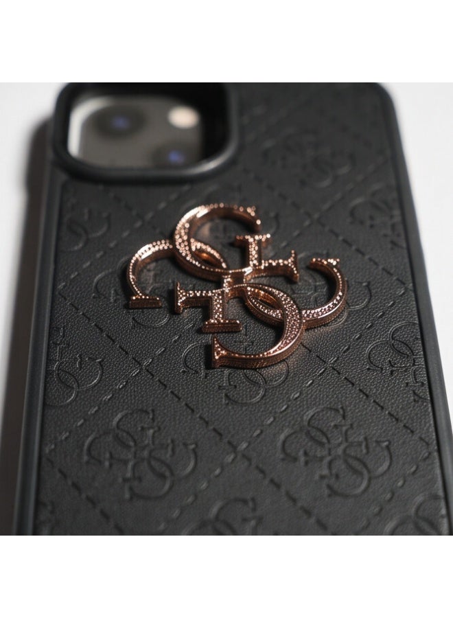 جراب خلفي GUESS 4G بشعار معدني متوافق مع iPhone 14 مقاس 6.1 بوصة أسود - Image 1