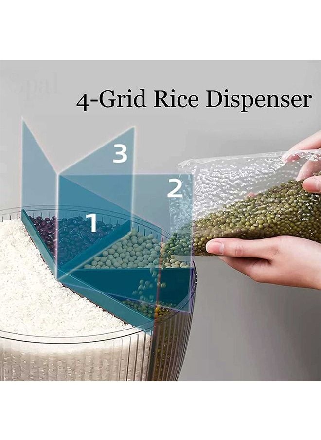Rice Dispenser 4 Grid Grain Storage Container Rotating Cereal Storage Dispenser with Measuring Cup Dry Food Kitchen Pantry for Home Kitchen