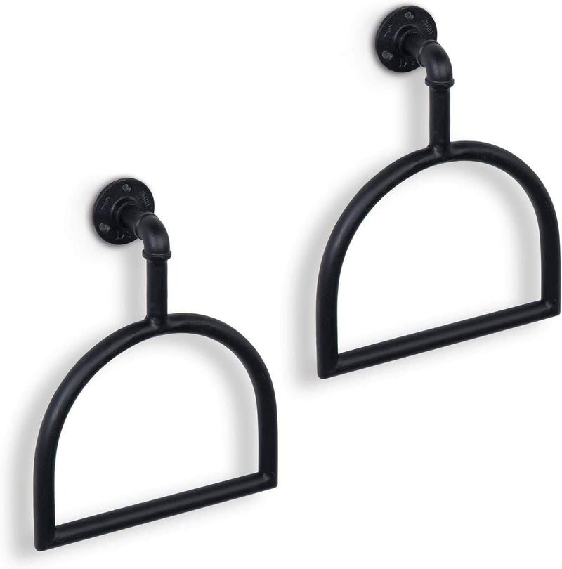Indian Decor 280091 Rustic Industrial Pipe Matte Black Metal Stirrup-Shaped Wall Mounted Bathroom Hardware Hand Towel Ring Holder, Set of 2 - Black - Image 5