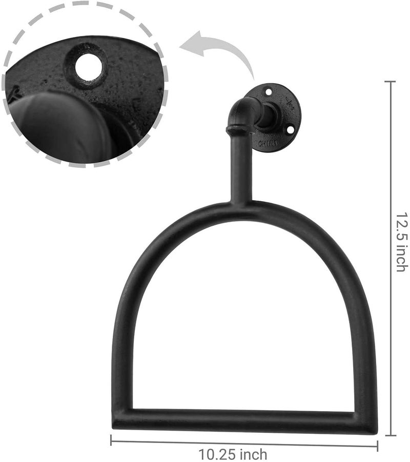 Indian Decor 280091 Rustic Industrial Pipe Matte Black Metal Stirrup-Shaped Wall Mounted Bathroom Hardware Hand Towel Ring Holder, Set of 2 - Black - Image 4