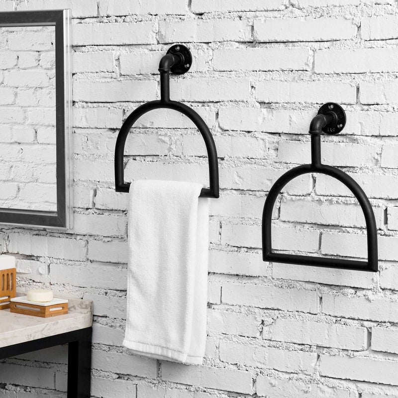 Indian Decor 280091 Rustic Industrial Pipe Matte Black Metal Stirrup-Shaped Wall Mounted Bathroom Hardware Hand Towel Ring Holder, Set of 2 - Black - Image 1