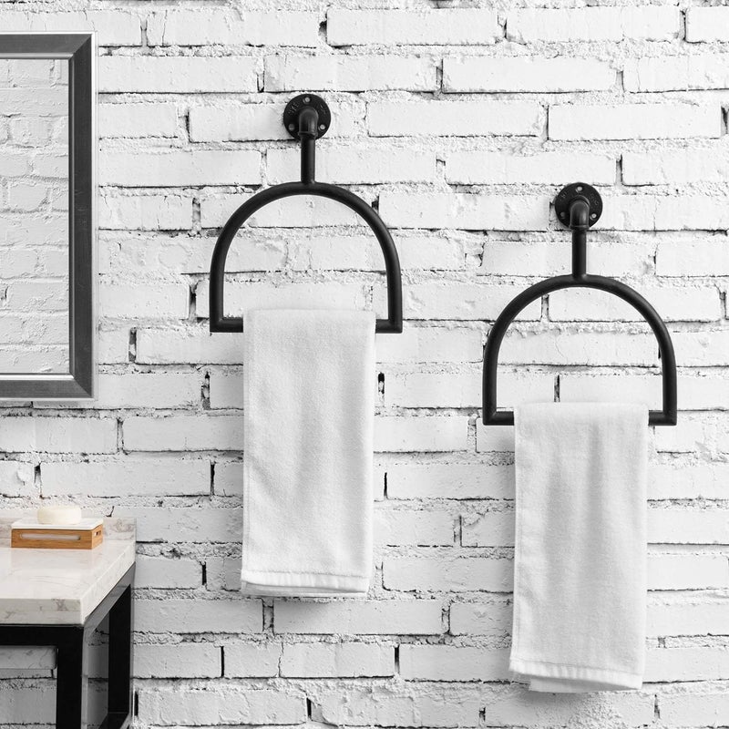Indian Decor 280091 Rustic Industrial Pipe Matte Black Metal Stirrup-Shaped Wall Mounted Bathroom Hardware Hand Towel Ring Holder, Set of 2 - Black - Image 3