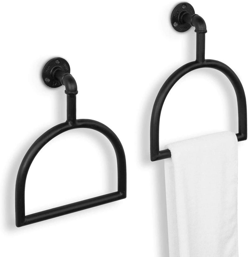 Indian Decor 280091 Rustic Industrial Pipe Matte Black Metal Stirrup-Shaped Wall Mounted Bathroom Hardware Hand Towel Ring Holder, Set of 2 - Black - Image 2